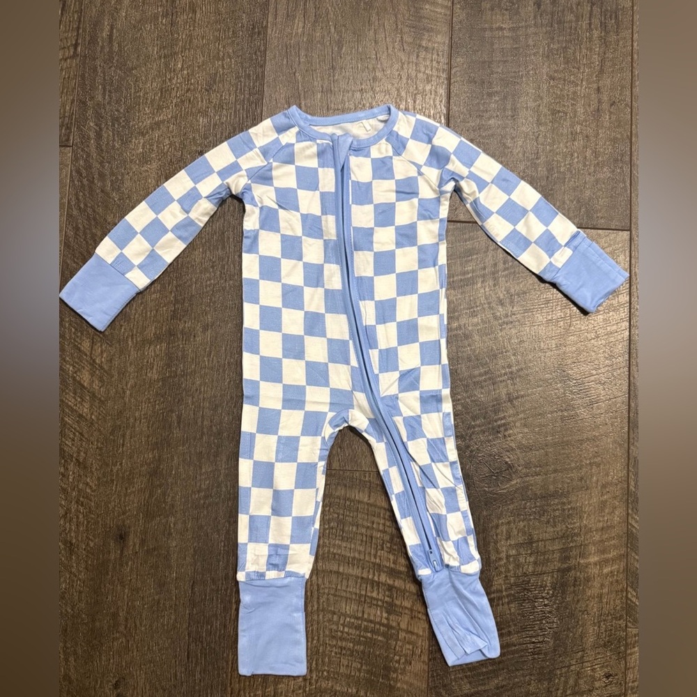 Baby Blue Checked Bamboo Zipper Sleeper 6-12 m